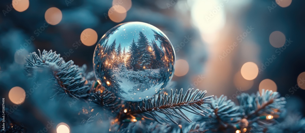 Poster sparkling christmas ornament on a frosty spruce branch with glowing bokeh lights creating a festive 