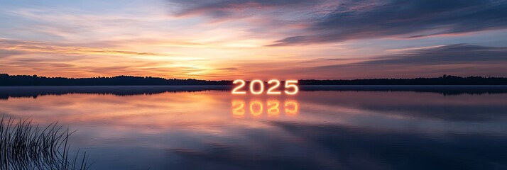 A soft sunset over a calm lake with 2025glowing in the watera??s reflection