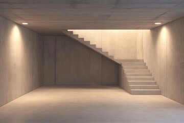 Fototapeta premium Minimalist concrete staircase illuminated by soft lights in a spacious, empty room with modern architecture.