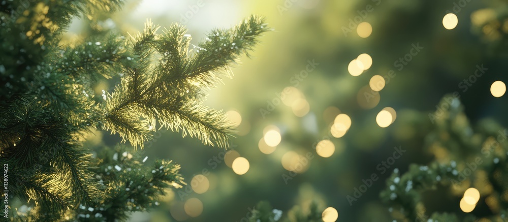 Poster fuzzy fir tree background with enchanting bokeh lights creating a serene and magical atmosphere for 