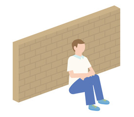 壁の前で落ち込む男子学生のイラスト
