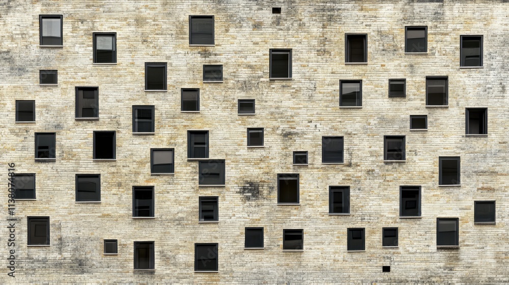 Poster modern building facade texture featuring beige bricks and dark windows arranged in a unique pattern 