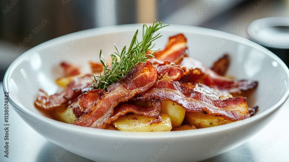 Poster bacon and potatoes garnished with herbs in a white bowl served on a rustic table setting