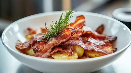 Naklejka premium Bacon and potatoes garnished with herbs in a white bowl served on a rustic table setting
