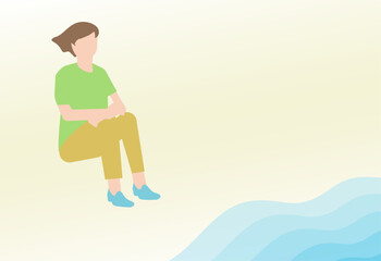 浜辺で落ち込む成人女性のイラスト
