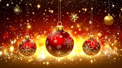 Christmas Baubles In Gold And Red With Shiny Background