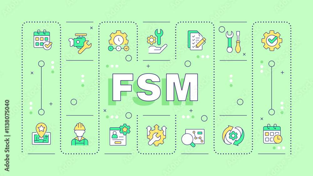 Aufkleber fsm light green word concept. field service management system. workflow optimization. typography ban