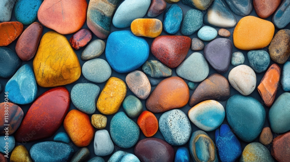 Poster Colorful smooth pebbles texture background for design and creative projects in various hues and arrangements.