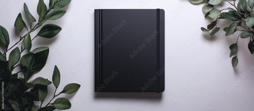 Poster elegant top view of a black notebook surrounded by greenery on a clean white background with ample s