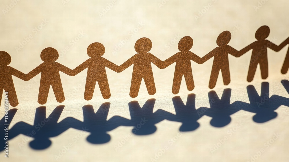 Poster crafted figures holding hands create unity, symbolizing community and collaboration in a vibrant atm