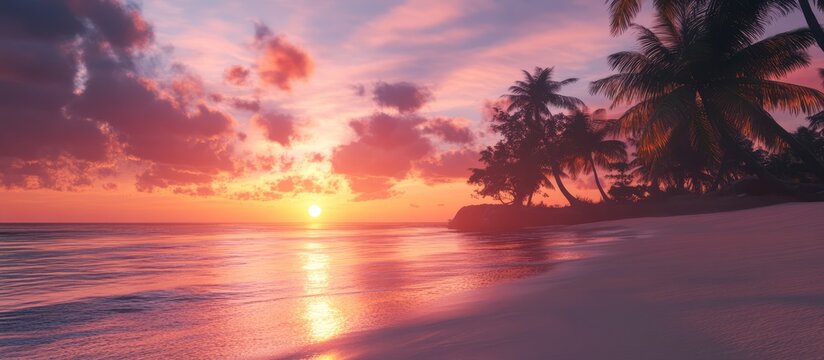 Serene tropical beach at sunset featuring palm trees and calm waves reflecting vibrant sky colors - Powered by Adobe