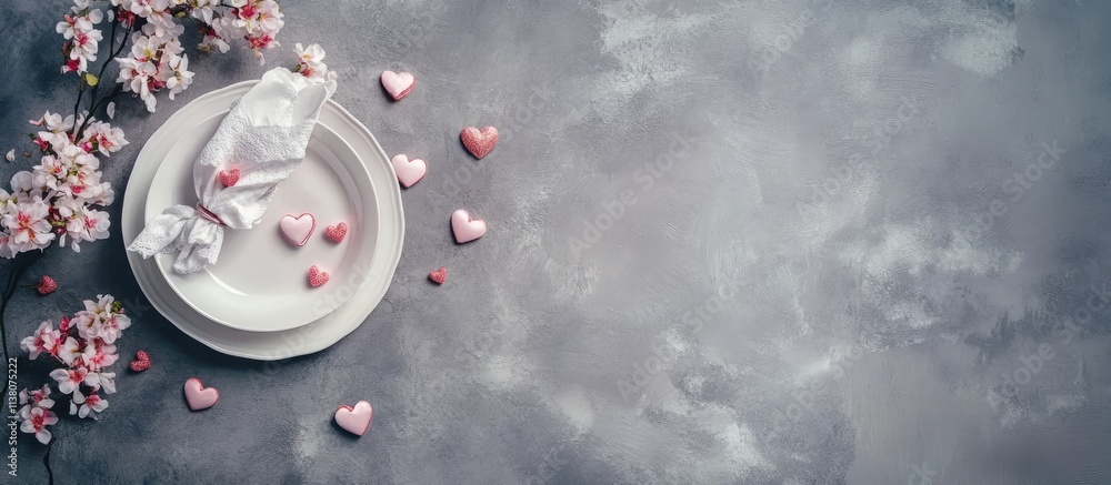 Poster Festive table setting with white plate napkin flowers and heart decorations on gray stone backdrop Aerial view with empty space for text