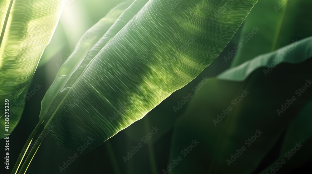 Poster translucent banana leaves illuminated by soft backlight creating a vibrant natural texture backgroun