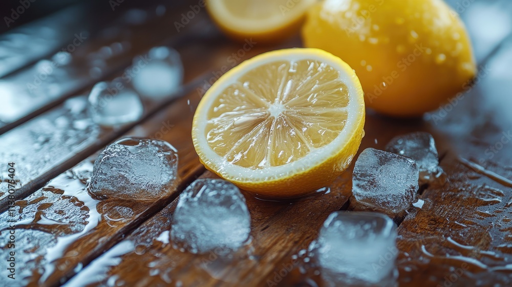 Poster refreshing alcoholic beverage with lemon slices and ice cubes on a rustic wooden table surface