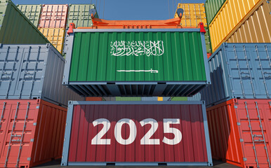 Trading 2025. Freight container with Saudi Arabia national flag. 3D Rendering 