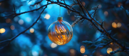 Elegant festive ornament hanging on a tree with a blue bokeh background illuminated by soft glowing lights during the holiday season
