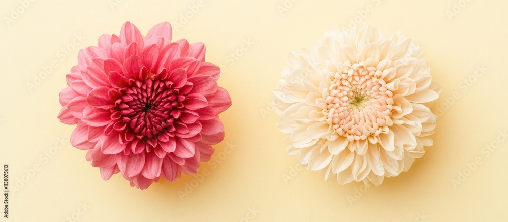 Poster minimalistic arrangement of soft pink and white chrysanthemums on a light yellow background with amp