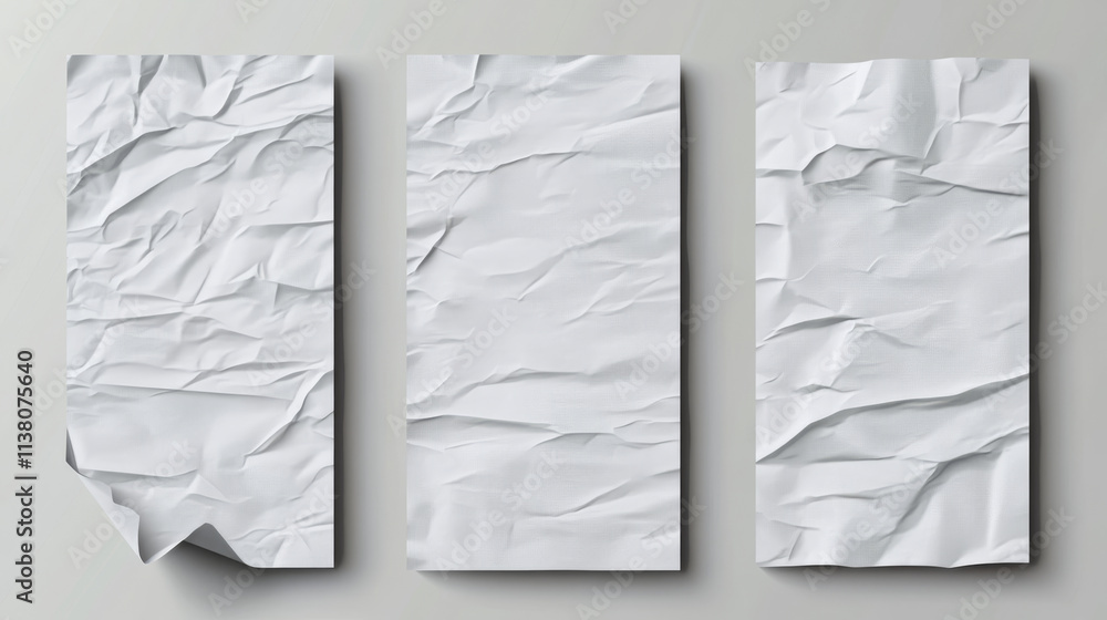 Poster paper sheets with wrinkles. realistic vector illustration set of empty white and lined pages with cr
