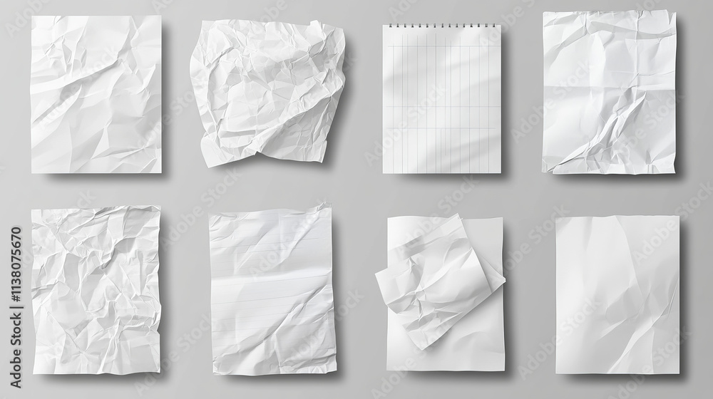 Poster paper sheets with wrinkles. realistic vector illustration set of empty white and lined pages with cr