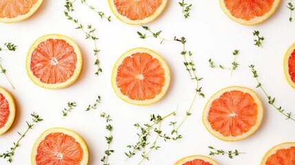 Grapefruit slices and thyme arranged artistically on a white background ideal for cocktail or culinary themed projects