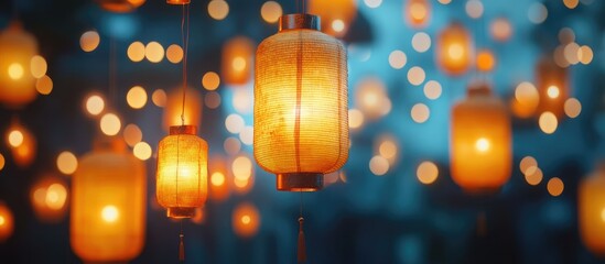Traditional Asian lanterns illuminated during a vibrant festival celebration creating a festive atmosphere with soft glowing lights.