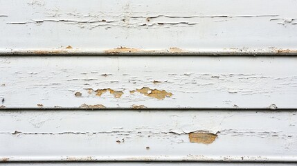 Fototapeta premium Weathered metal surface with white paint peeling and traces of rust in horizontal lines creating a textured background for design use.