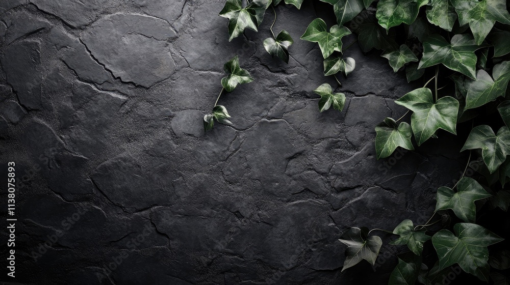 Poster textured grey wall adorned with green ivy leaves creating a natural and serene background ideal for 