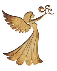 Fototapeta premium Wooden Angel Silhouette with Wings on Isolated Transparent Background
