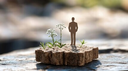 A silhouette of a businessman standing on a small island of greenery, symbolizing hope and environmental renewal.