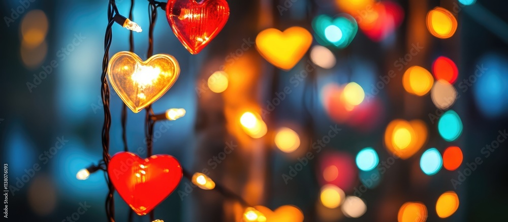 Poster colorful heart-shaped festive lights glowing softly in a vibrant bokeh background creating a warm an