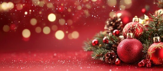 Festive holiday decorations with bokeh lights creating a warm ambiance perfect for seasonal greetings and invitations on a red backdrop