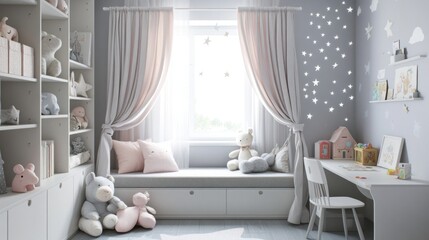 Sunlit nursery with window seat, built-in shelves, and desk.