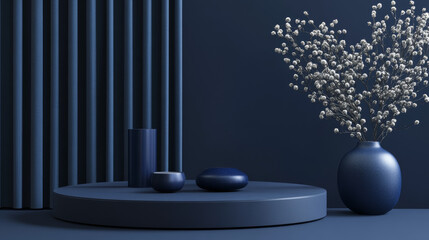 3d podium in dark blue tones for product presentation