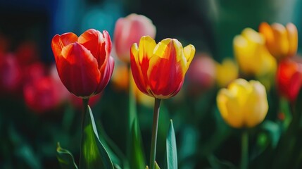 Fototapeta premium Vibrant tulips in a colorful garden setting highlighting the beauty of spring flowers with soft focus and bright hues.