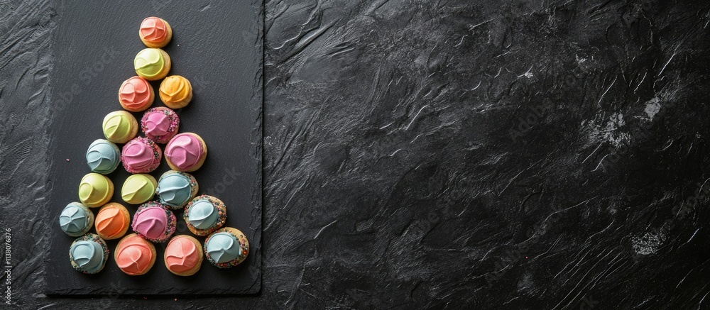 Poster pastel holiday cookie tree arranged on black slate board creating a festive diy food background with