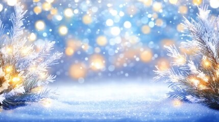 A serene winter scene featuring snow-covered trees, soft lights, and a magical bokeh background for festive moods.