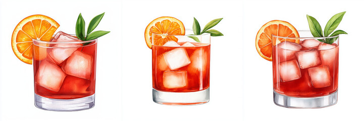 watercolor classic negroni cocktail with ice and orange garnish, showcasing vibrant colors and refreshing appeal. Perfect for summer gatherings or elegant events