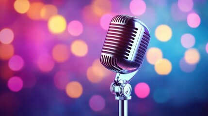 Classic microphone against a vibrant bokeh background, perfect for music, performance, and artistic themes.