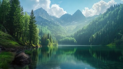 Fototapeta premium Serene lake surrounded by lush green forest and majestic mountains under a clear blue sky with fluffy clouds