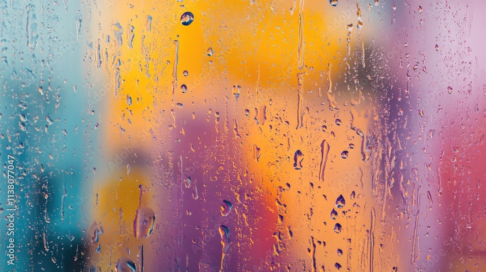 Poster raindrop textured background on glass with colorful blurred reflections creating a vibrant atmospher