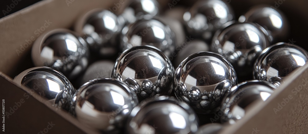 Poster shiny silver balls arranged neatly in a cardboard box showcasing reflections and metallic textures f