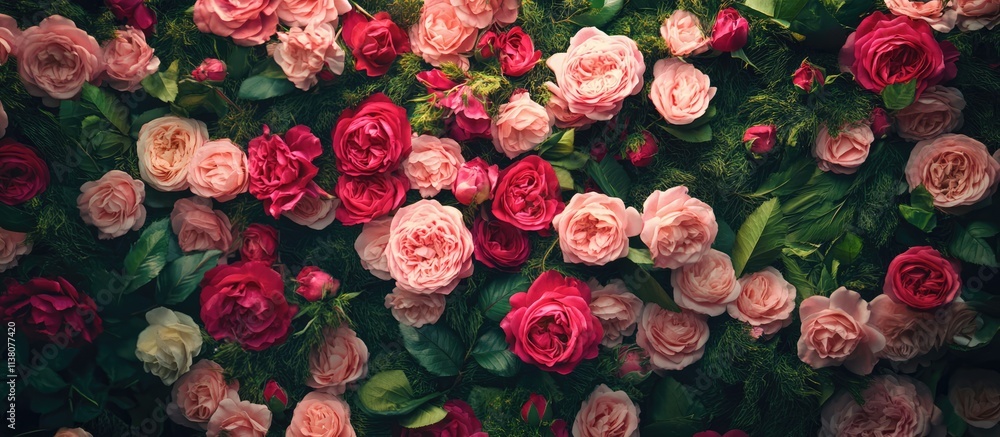 Poster vibrant arrangement of pink and red roses creating a colorful floral backdrop with lush greenery and