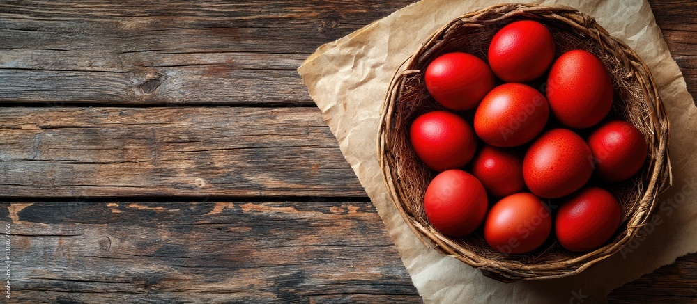Poster aerial view of a rustic wooden table with a basket of vibrant red eggs on antique paper creating a f