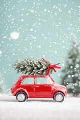 Festive red car carries a decorated Christmas tree, surrounded by falling snowflakes in a winter wonderland.