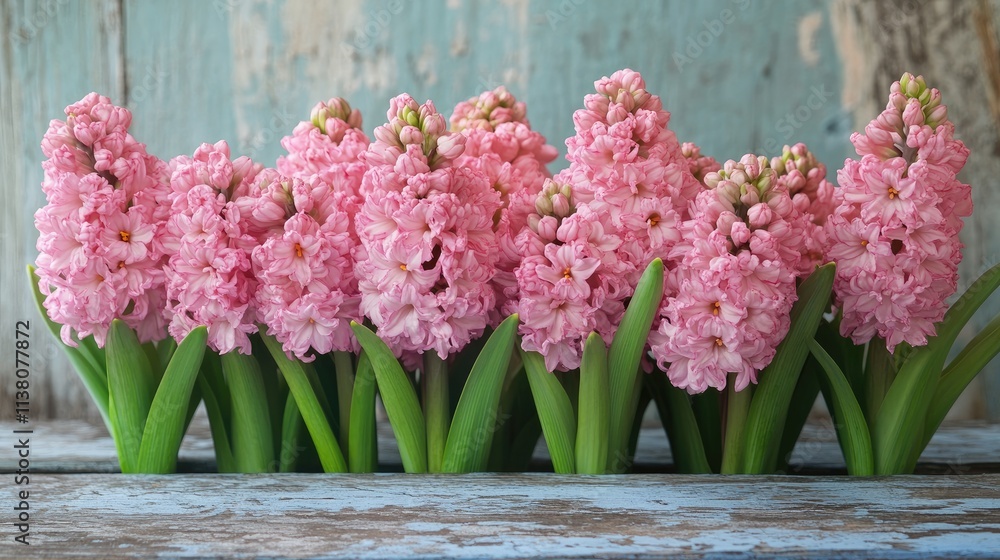 Poster pink hyacinth flowers on rustic painted planks with selective focus creating a serene background for