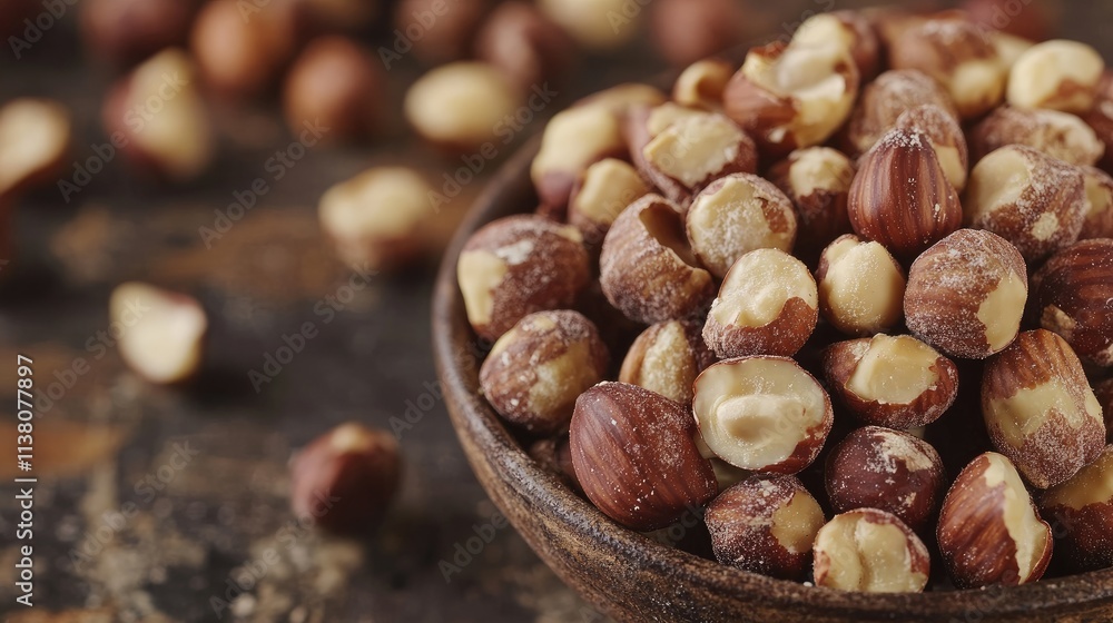 Poster close up of shelled hazelnuts in a rustic wooden bowl with a blurred background of nuts on a texture