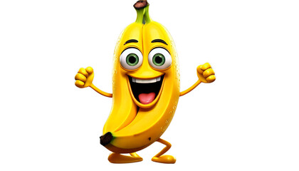 Cartoon Banana with Emoji Eyes Dancing on a White Background