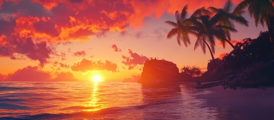 Fototapeta premium Serene tropical sunset casting vibrant colors over tranquil waters and palm trees on an island shoreline