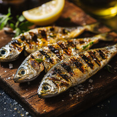 Grilled sardines served on wooden board with lemon and herbs, showcasing delicious meal. fish are perfectly cooked, highlighting their smoky flavor and appealing presentation
