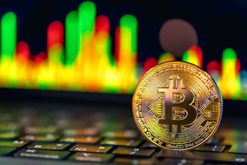 Golden Bitcoin coin on keyboard. Stock market trading chart online candlestick.